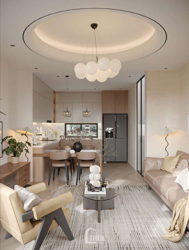Không gian phòng khách nối liền mạch phòng bếp trong thiết kế nội thất nhà phố Thái Hà  phong cách Scandinavian 
